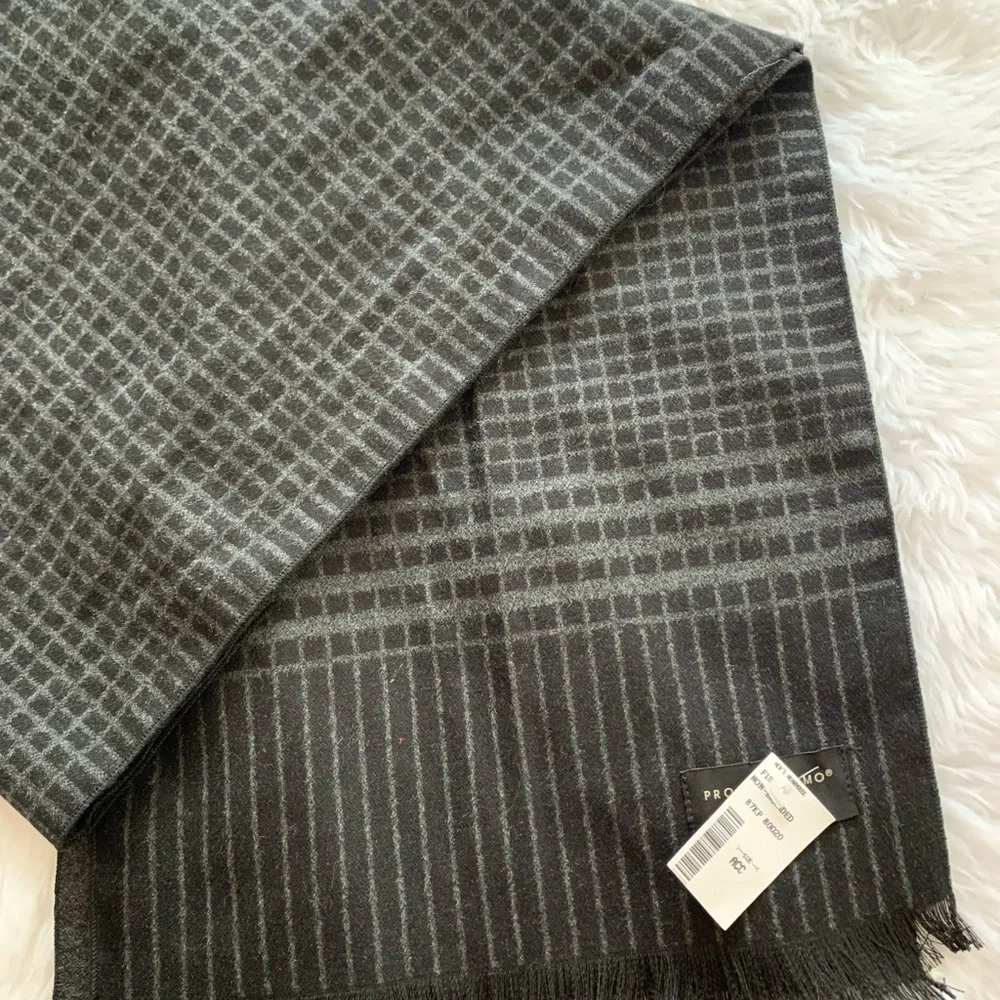 PRONTO  UOMO Mens black and gray 80% viscose so soft plaid fringe scarf …